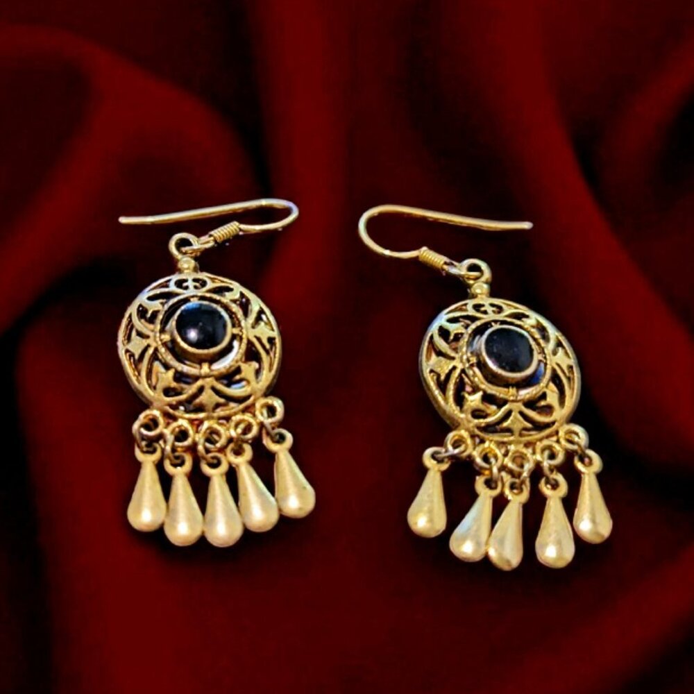 Gold-Tone Earrings For Pierced Ears - Black Onyx Accent - NEW!